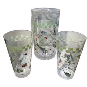 Marjolein Bastin Pitcher & Two Tumblers Herb Garden Green Checkered Plastic Vtg